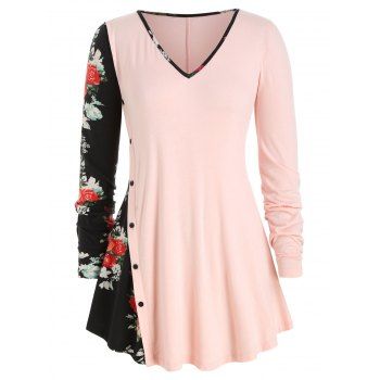 

Mock Button Floral Panel Plus Size Long Sleeve Top, Pink