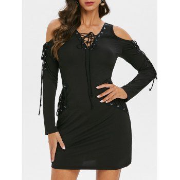 

Lace Up Grommet Cold Shoulder Cutout Mini Bodycon Dress, Black