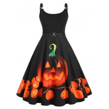 

Pumpkin Print Halloween Straps Plus Size Dress, Black
