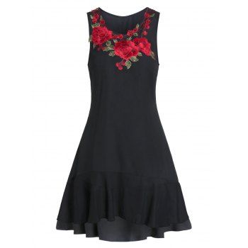

Embroidered A Line Round Collar Dress, Black