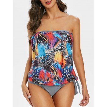 

Printed Knotted Strapless Tankini Swimsuit, Gray