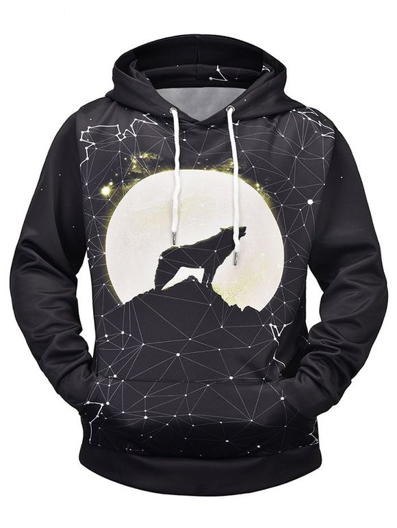 Sweat à Capuche Lune Nuit et Loup Imprimés avec Poche Kangourou - Noir XL