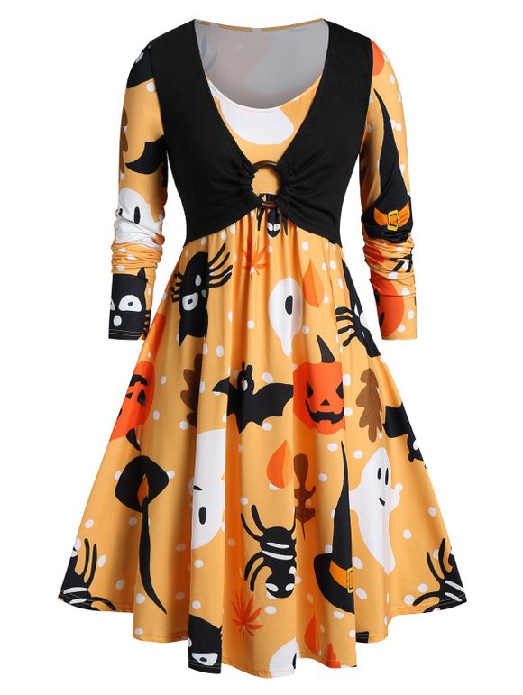 Robe Evasée d'Halloween Citrouille et Fantôme Imprimées de Grande Taille - Orange 4X