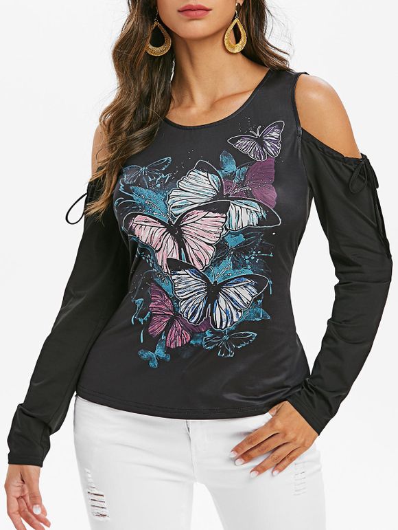T-shirt Papillon Imprimé Noué en Avant à Epaule Ouverte - Noir XL