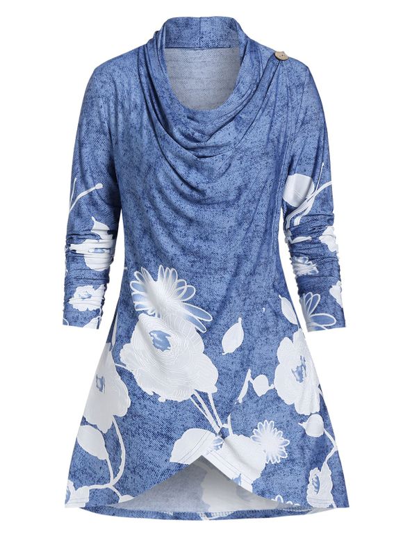 T-shirt Tunique à Imprimé Fleuri à Manches Longues - Bleu de Soie M