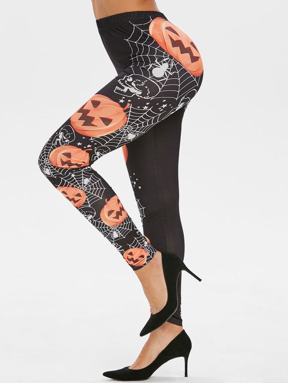 Pantalon d'Halloween Citrouille Imprimé à Taille Haute - Noir M