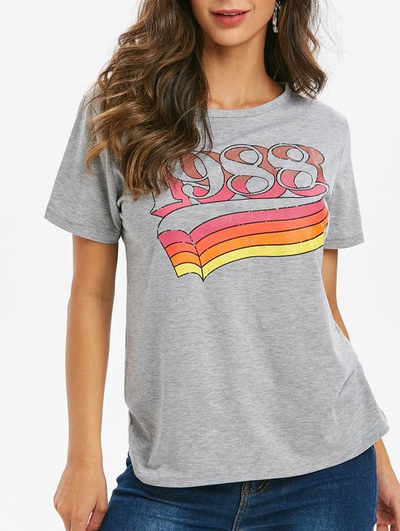 T-shirt Multicolore Chiffre Imprimé à Manches Courtes - Nuage Gris L