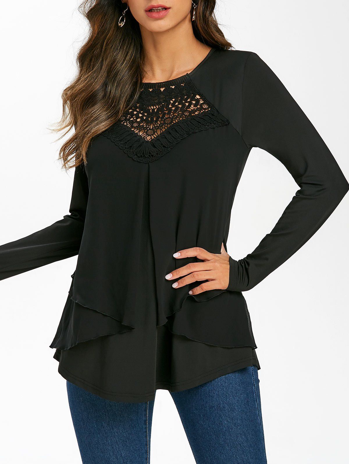 Chiffon Overlap Lace Crochet T-shirt - BLACK L