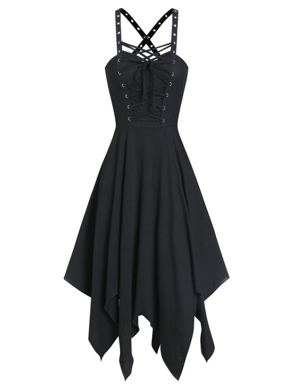 Robe Gothique Mouchoir Sans Manches avec œillets à Lacets - Noir M