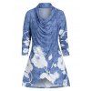 T-shirt Tunique à Imprimé Fleuri à Manches Longues - Bleu de Soie XL