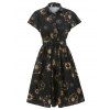 Robe Boutonnée Ceinturée Lune Etoile et Soleil Imprimés - Noir 3XL