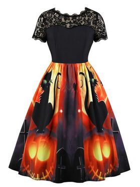 Lace Panel Pumpkin Print Halloween Flared Dress
