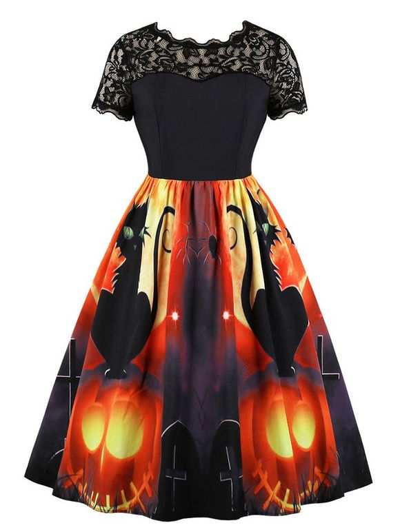 Lace Panel Pumpkin Print Halloween Flared Dress - BLACK 2XL