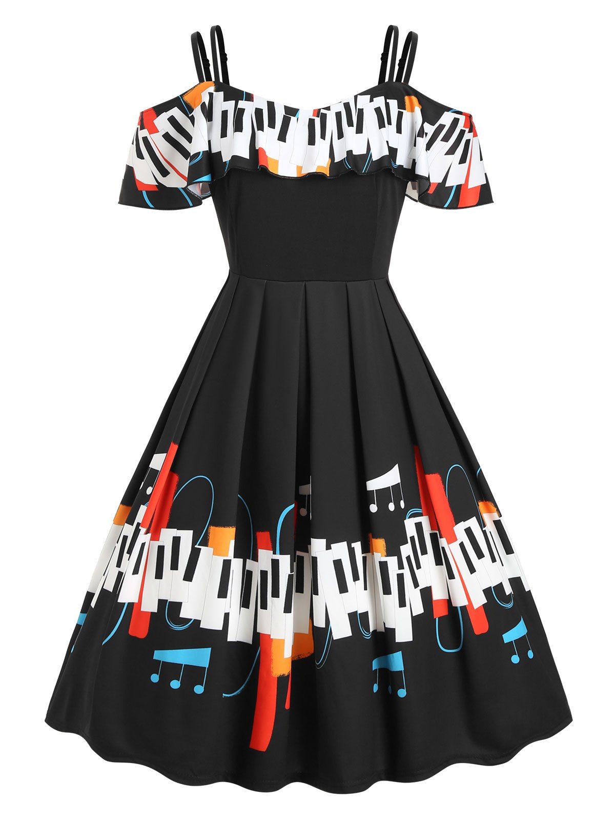 Musical Note Print Open Shoulder Flounces Plus Size Dress