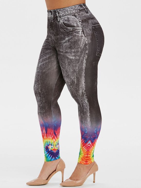 Legging 3D Arc-en-Ciel Teinté Imprimé à Coupe Haute de Grande Taille - Noir 5X
