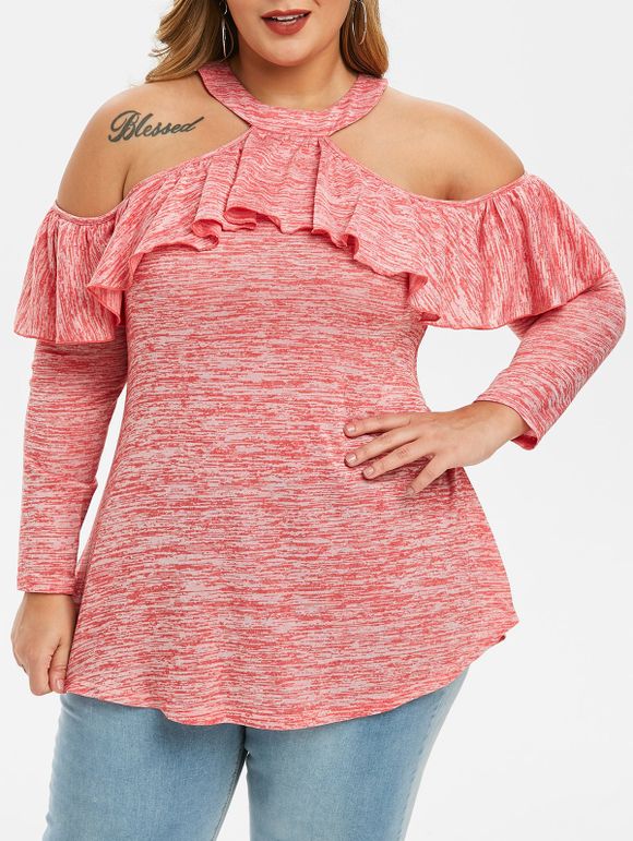 T-shirt Tunique Teinté à Epaule Ouverte de Grande Taille - Rose 4X