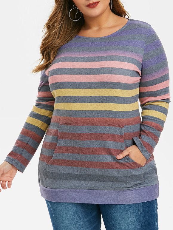 Sweat-shirt Multi-Rayure de Grande Taille avec Poche en Avant - multicolor 2X