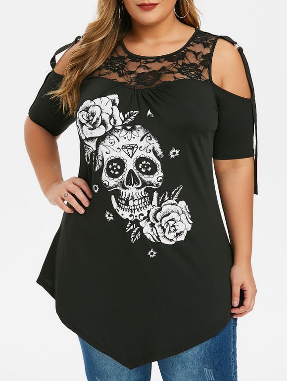 T-Shirt d'Halloween Crâne et Fleur Imprimées Grande-Taille - Noir 4X