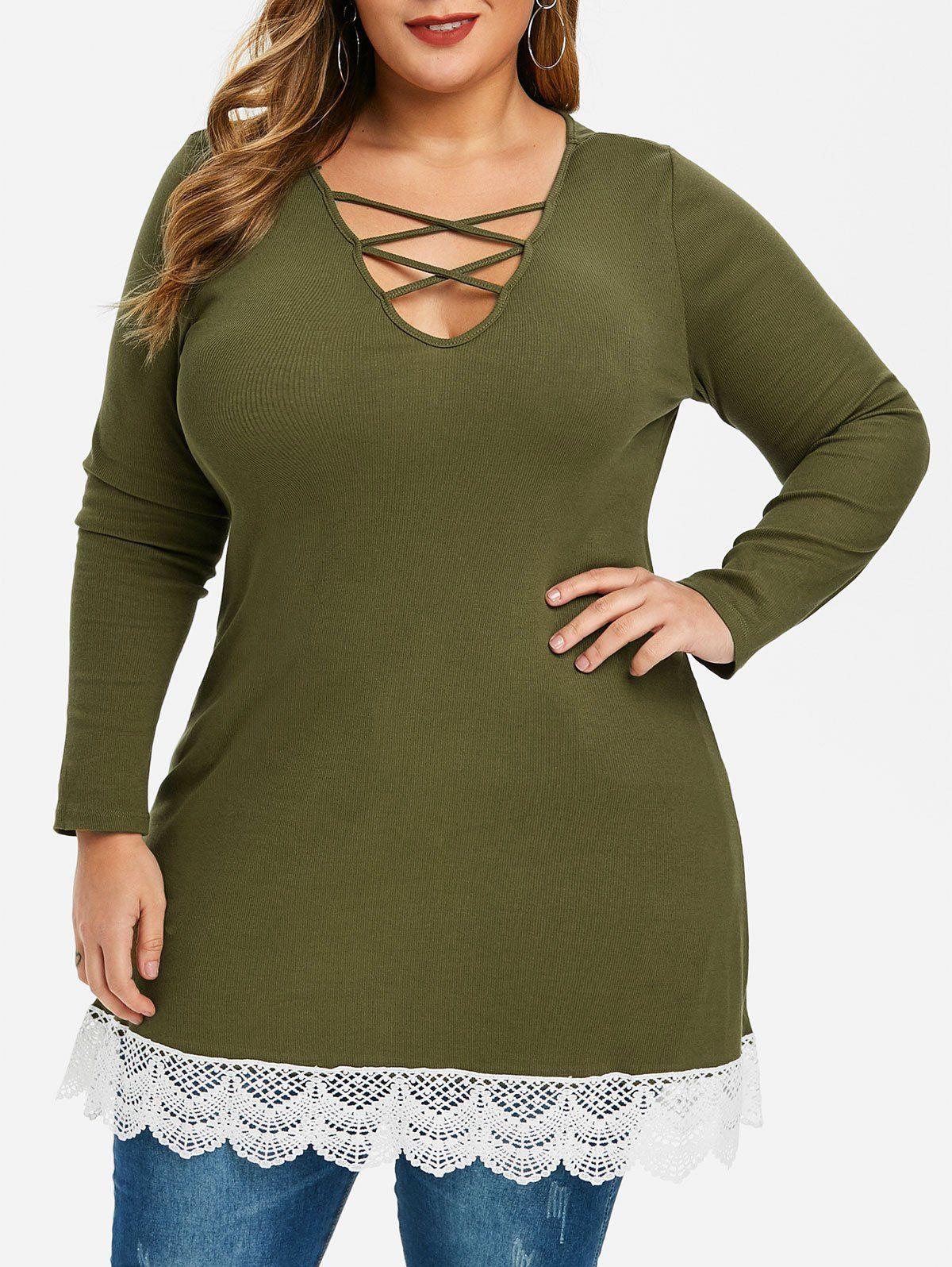 

Lattice Ribbed Lace Panel Plus Size Tunic Top, Camouflage green