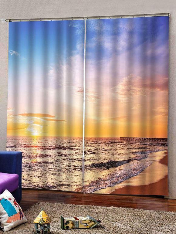 Rideau de Fenêtre Motif de Mer et Coucher du Soleils Imprimés 2 Panneaux - multicolor W59 X L71 INCH
