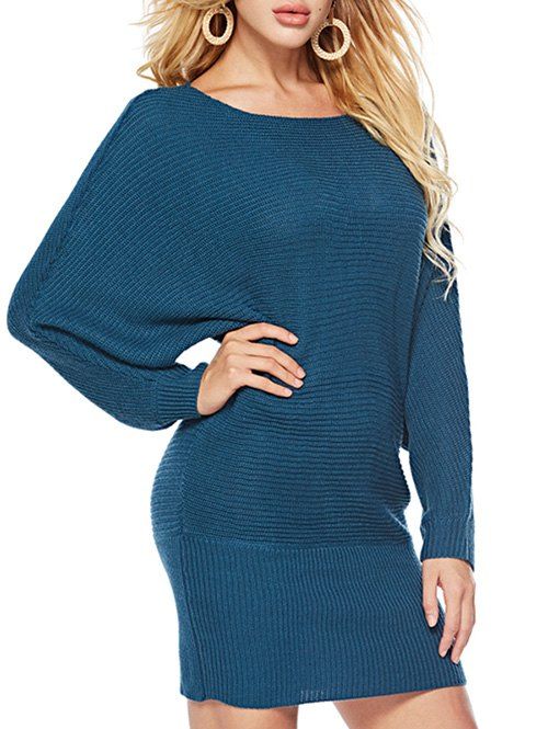 Pull Long à Manches Chauve-souris en Couleur Unie - Paon Bleu S