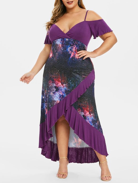 Robe Epaule Dénudée en Blocs de Couleurs de Grande Taille à Volants - Violet Améthyste 4X