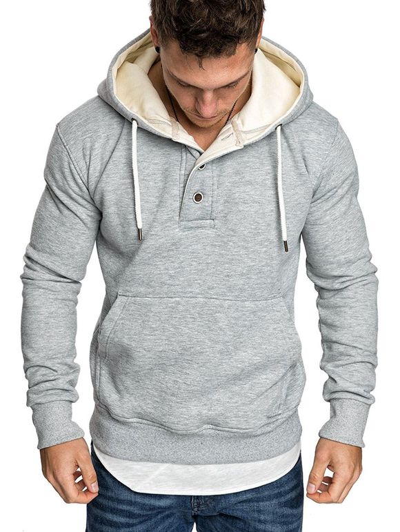 Sweat à Capuche avec Poche Kangourou en Laine avec Bouton en Avant - Gris Clair M