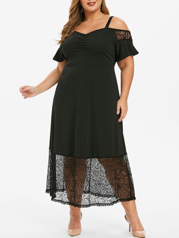 Robe en Dentelle Insérée à Epaule Ouverte de Grande Taille - Noir 3X