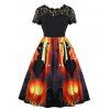 Lace Panel Pumpkin Print Halloween Flared Dress - BLACK XL