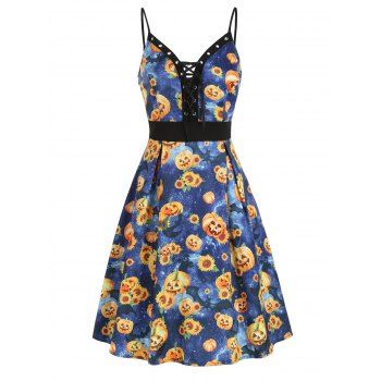 

Halloween Pumpkin Sunflower Lace Up Dress, Multicolor