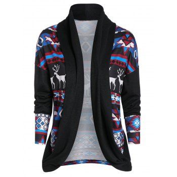 

Christmas Tribal Print Drop Shoulder Open Front Cardigan, Black