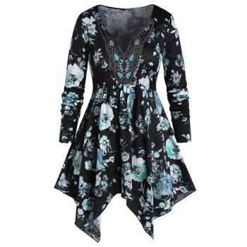 

Plus Size Embroidered Floral Print Handkerchief T-shirt, Black