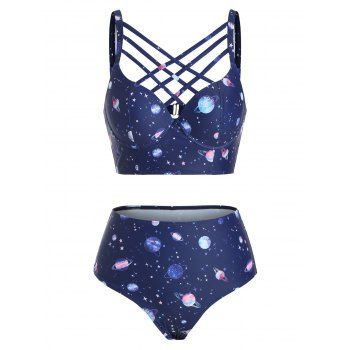 

Planet Print Criss Cross Push Up Bikini Swimsuit, Dark slate blue