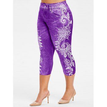 

Plus Size Floral Print Faux Denim 3D Capri Leggings, Purple sage bush