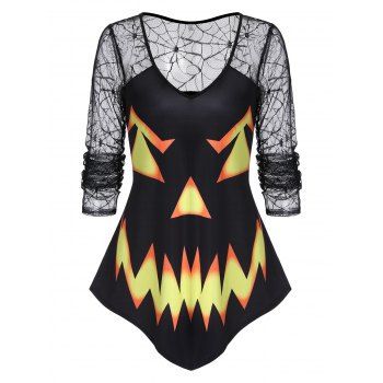 

Pumpkin Face Print Spider Web Lace Halloween T-shirt, Black