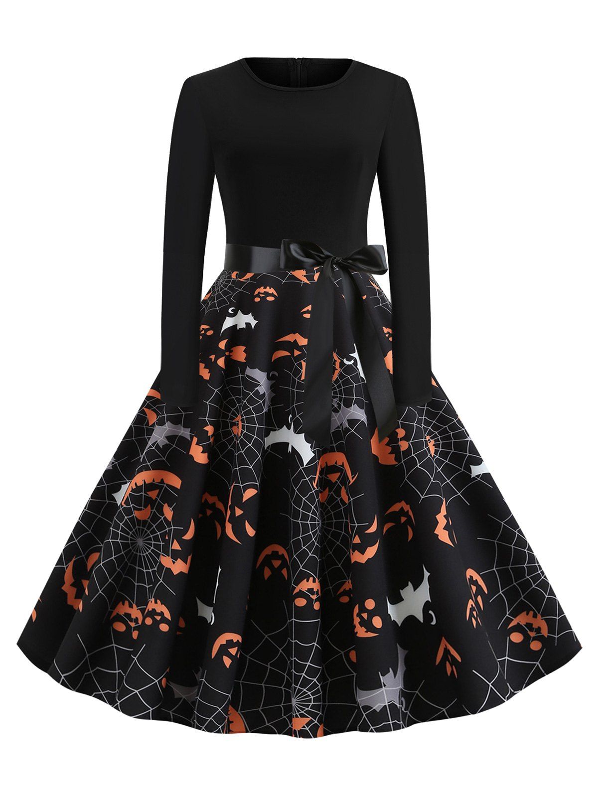 Halloween Pumpkin Face Spider Net Print Belted Dress - multicolor M