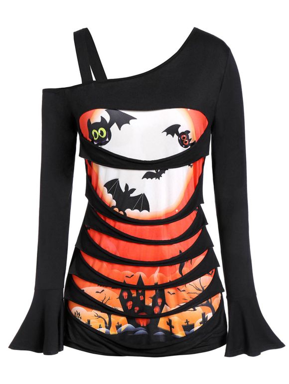 T-shirt d'Halloween Déchiré Citrouille Chauve-souris Imprimés Grande Taille - Noir 5X