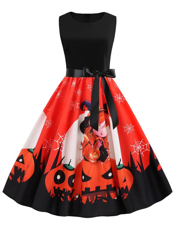 Robe d'Halloween Citrouille et Sorcière Imprimés Sans Manches - Saumon Orange 2XL