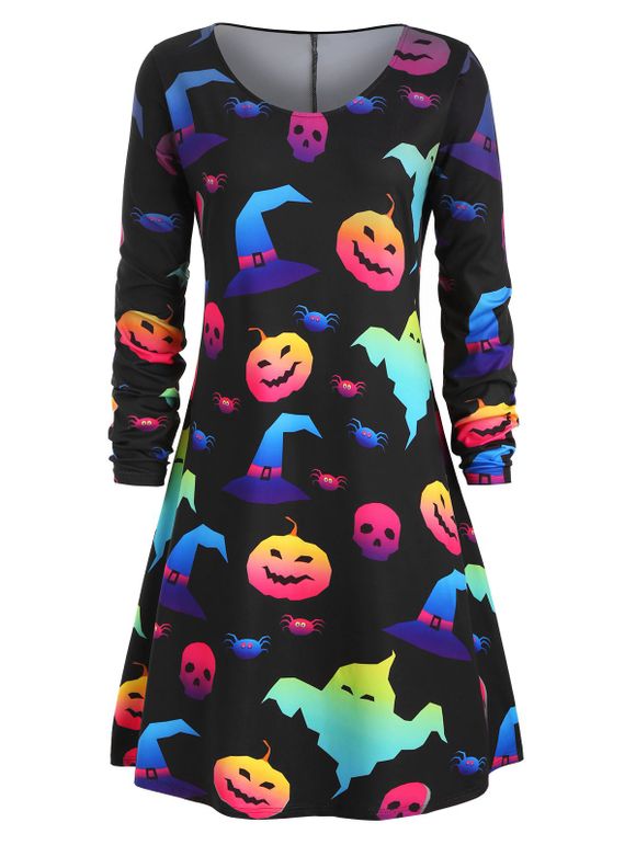 Robe d'Halloween Citrouille Chapeau et Fantôme Imprimés de Grande Taille - Noir 4X