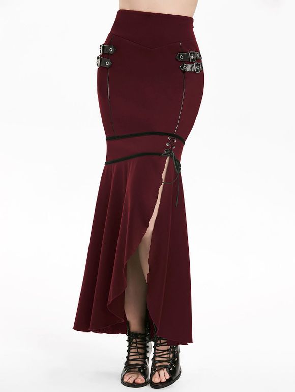 Jupe de Sirène Gothique Bouclée Fendue à Lacets - Rouge Vineux XL