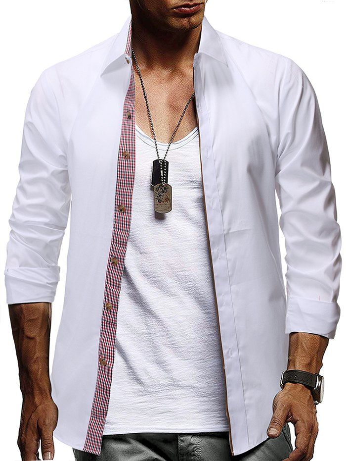 

Plaid Trim Button Up Casual Shirt, White