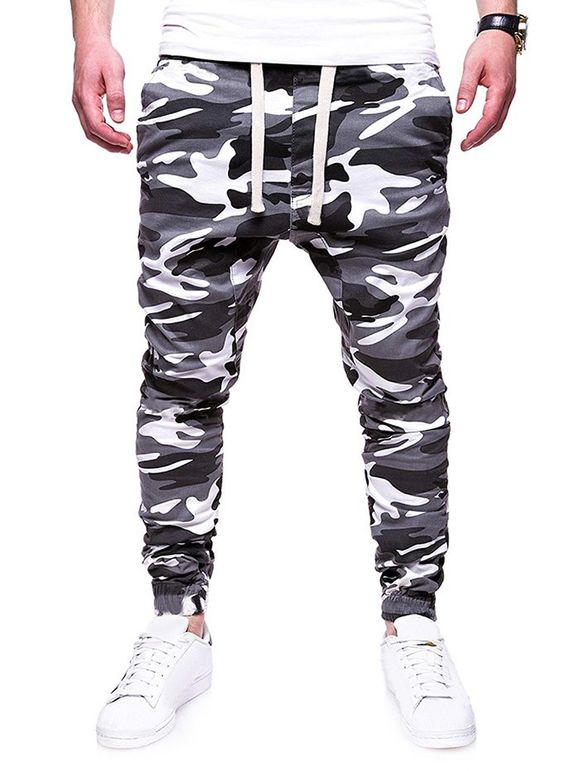 Pantalon de Jogging Camouflage Imprimé avec Fausse Poche - Gris L