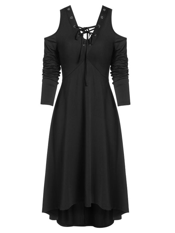 Open Shoulder Lace Up Midi Gothic Dress - BLACK XL
