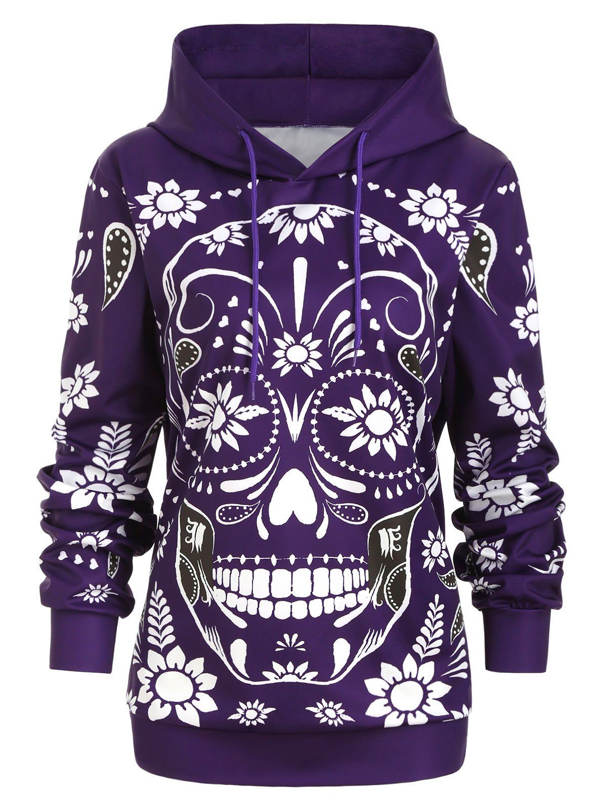 [24% OFF] 2021 Plus Size Halloween Floral Skull Print Pullover Hoodie ...