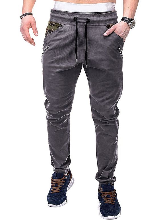 Pantalon de Jogging Camouflage Imprimé Zippé à Cordon - Gris Foncé L