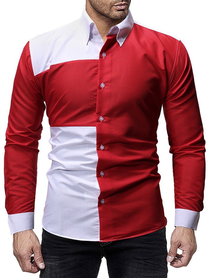 

Two Tone Patch Button Up Casual Shirt, Lava red