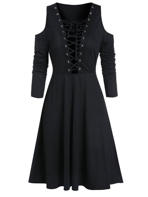 Robe Gothique Plongeante à Epaule Ouverte à Lacets - Noir L
