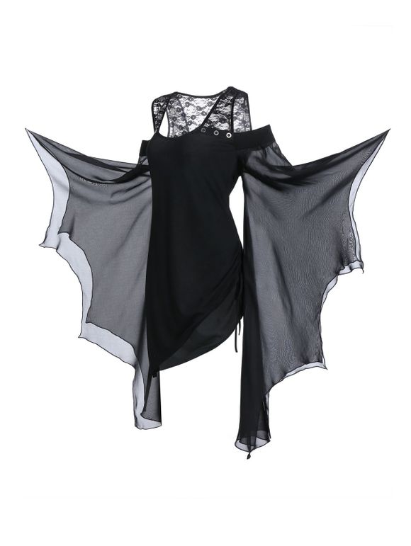 T-shirt Gothique Asymétrique à Epaule Ouverte à Manches Papillon de Grande Taille - Noir 4X