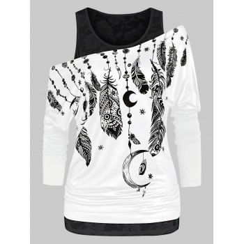 

Printed Skew Collar T Shirt with Lace Tank Top, Milk white