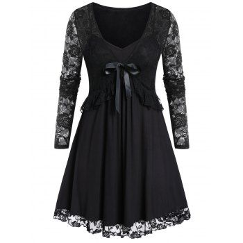

Plus Size Lace Insert Solid Bowknot T Shirt, Black